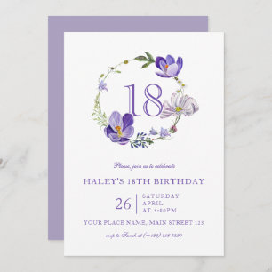 Purple Floral Wildflower Elegant 18th Birthday Invitation