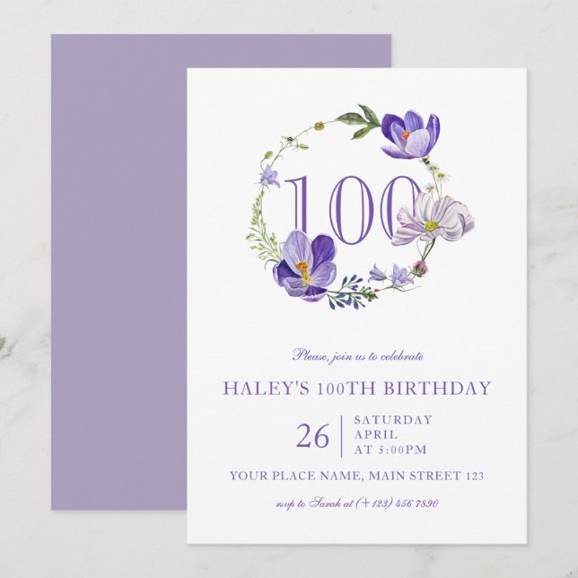 Purple Floral Wildflower Vintage 100TH Birthday Invitation (Front/Back)
