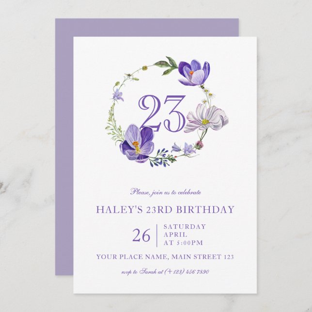 Purple Floral Wildflower Vintage 23rd Birthday Invitation (Front/Back)