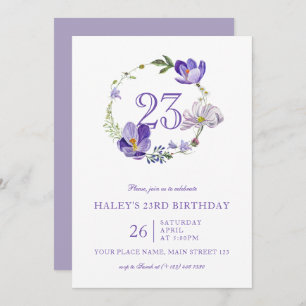 Purple Floral Wildflower Vintage 23rd Birthday Invitation