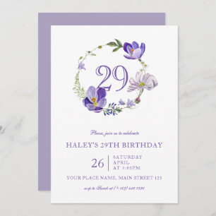 Purple Floral Wildflower Vintage 29th Birthday Invitation