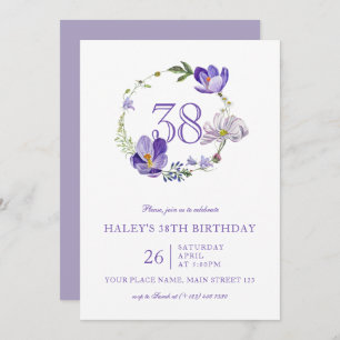 Purple Floral Wildflower Vintage 38TH Birthday Invitation