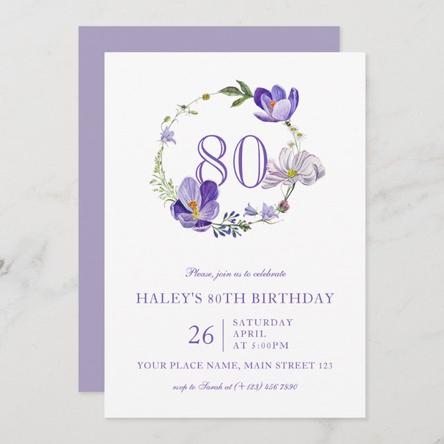 Purple Floral Wildflower Vintage 80TH Birthday Invitation (Front/Back)
