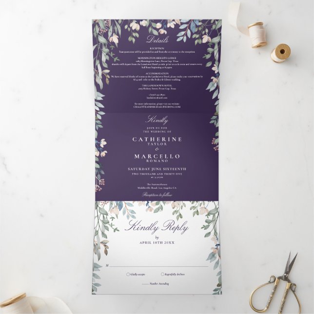 Purple Floral Wildflowers Monogram Photo Wedding Tri-Fold Invitation (Inside)