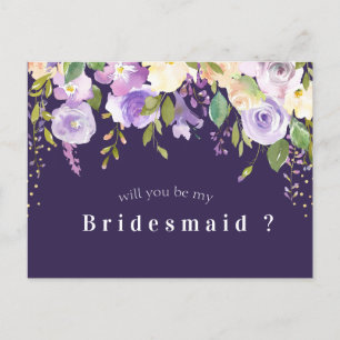 purple floral will you be my bridesmaid card