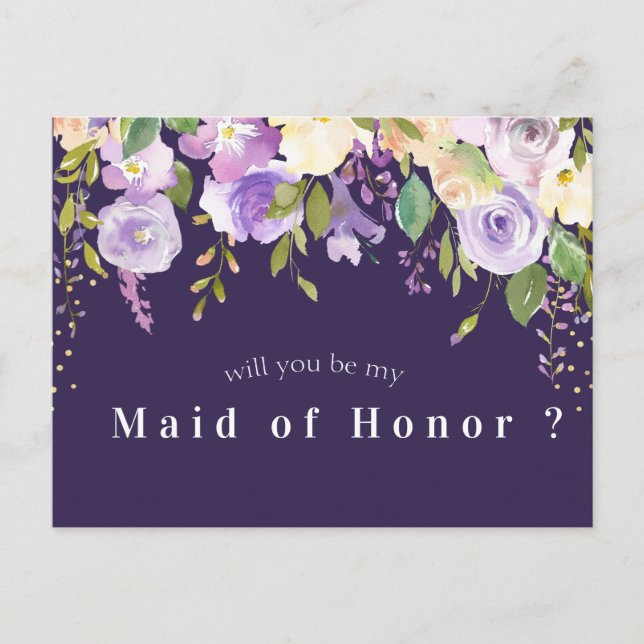 purple floral will you be my Maid of Honour card (Front)