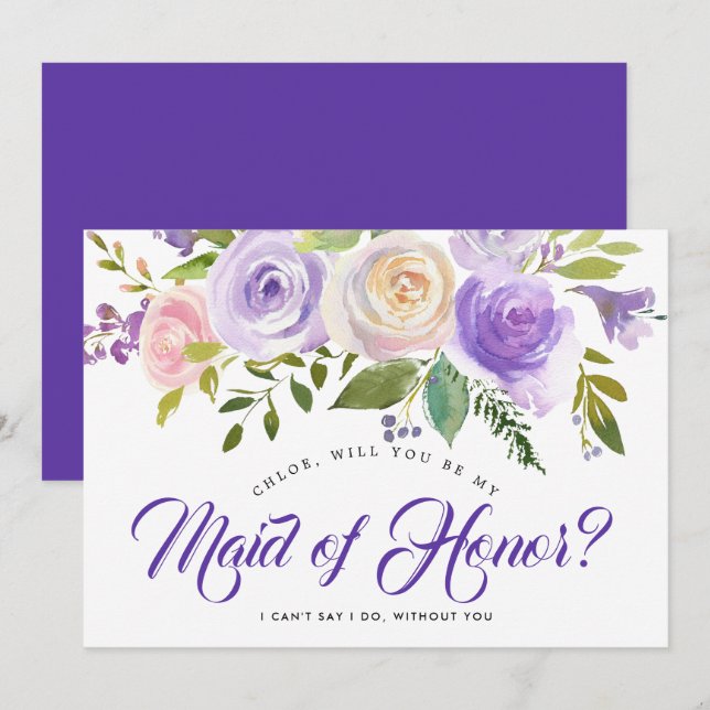 Purple Floral Will You be My Maid of Honour Card (Front/Back)