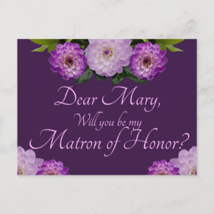 Purple Floral Will You Be My Matron of Honour? Invitation Postcard