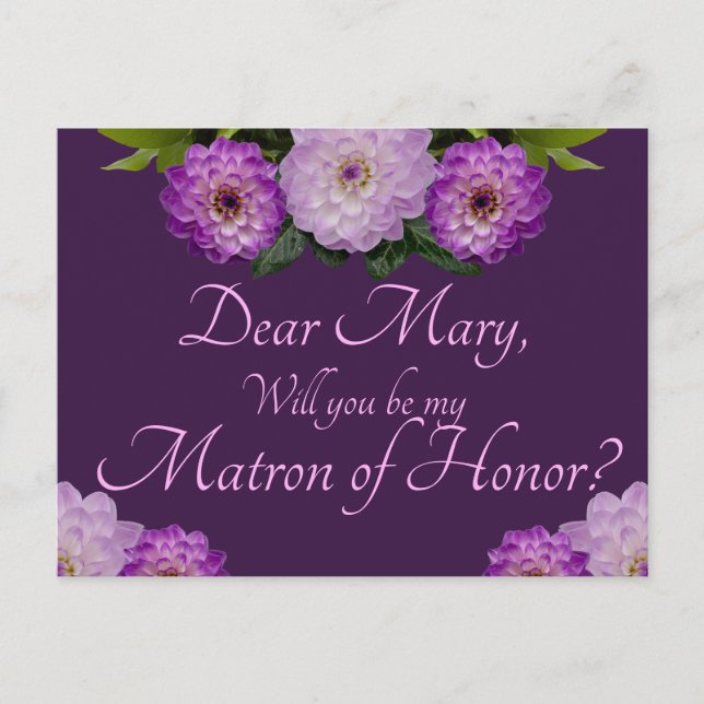 Purple Floral Will You Be My Matron of Honour? Invitation Postcard (Front)