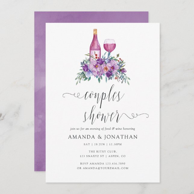 Purple Floral Wine Tasting Couples Shower Invitation (Front/Back)
