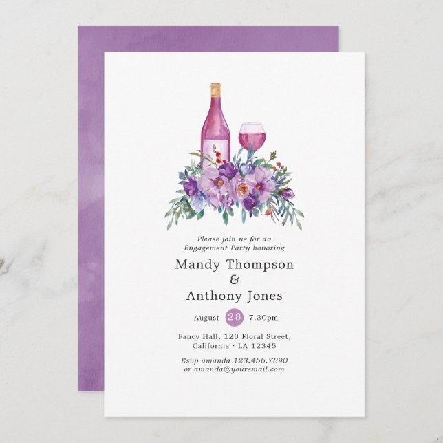Purple Floral Wine Tasting Engagement Party Invitation (Front/Back)