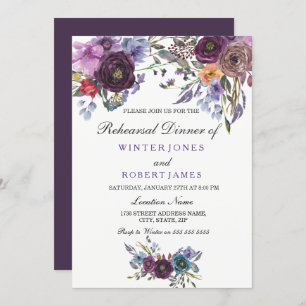 Purple Floral Winter Wedding Rehearsal Dinner Invitation