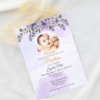 Purple Floral with Photo Baptism Invitation