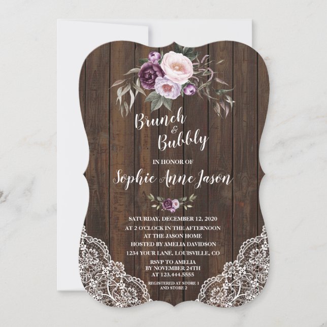 Purple Floral Wood Brunch and Bubbly Bridal Shower Invitation (Front)