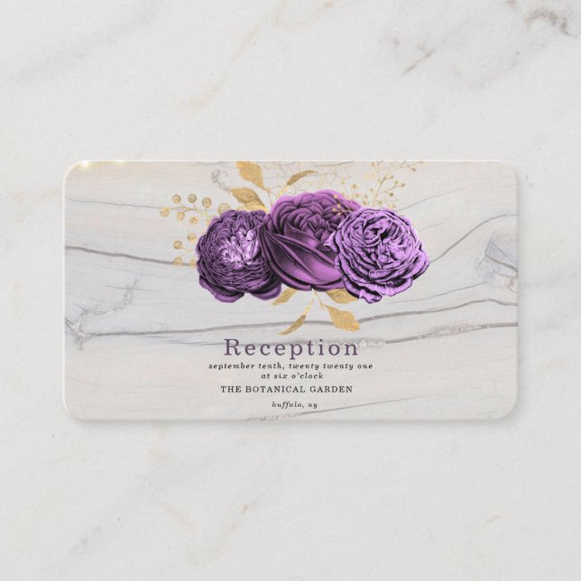 Purple Floral Wood Of String Lights Reception Enclosure Card (Front)