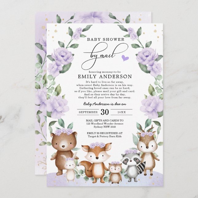 Purple Floral Woodland Animals Baby Shower Invitation (Front/Back)