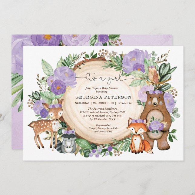 Purple Floral Woodland Forest Animals Baby Girl Invitation (Front/Back)