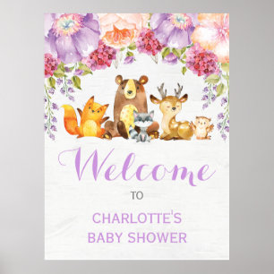 Purple Floral Woodland Forest Animals Baby Girl Poster