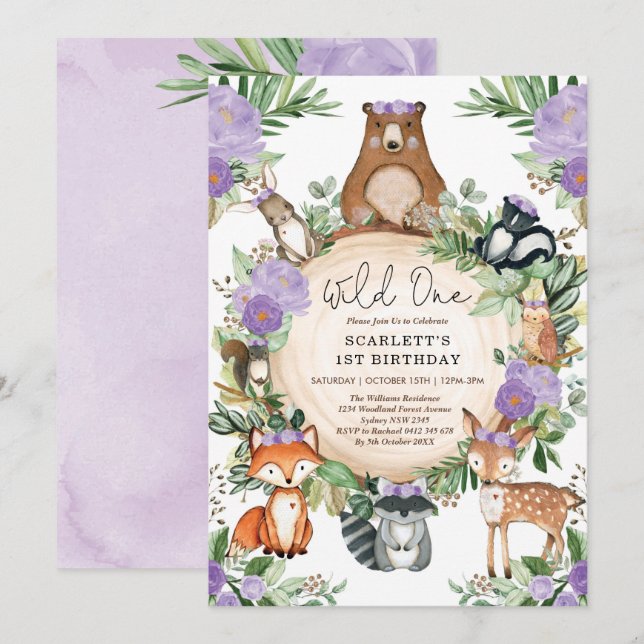 Purple Floral Woodland Girl Wild One1st Birthday Invitation (Front/Back)