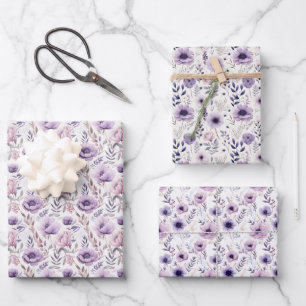 Purple Floral Wrapping Paper Flat Sheet Set of 3