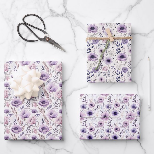 Purple Floral Wrapping Paper Flat Sheet Set of 3 (Front)