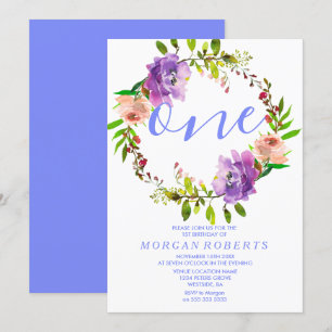 Purple Floral Wreath 1st Birthday Party Invite