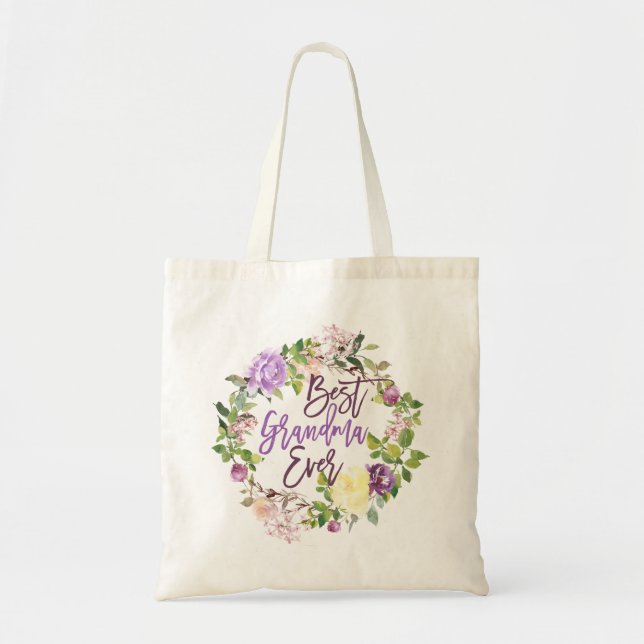 Purple Floral Wreath Best Grandma Ever Tote Bag (Front)