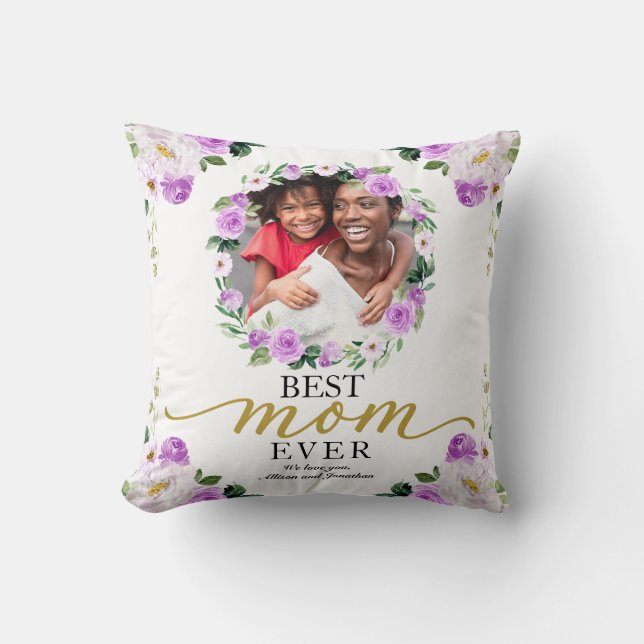 Purple Floral Wreath Best Mum Ever Mothers Day Cushion (Front)