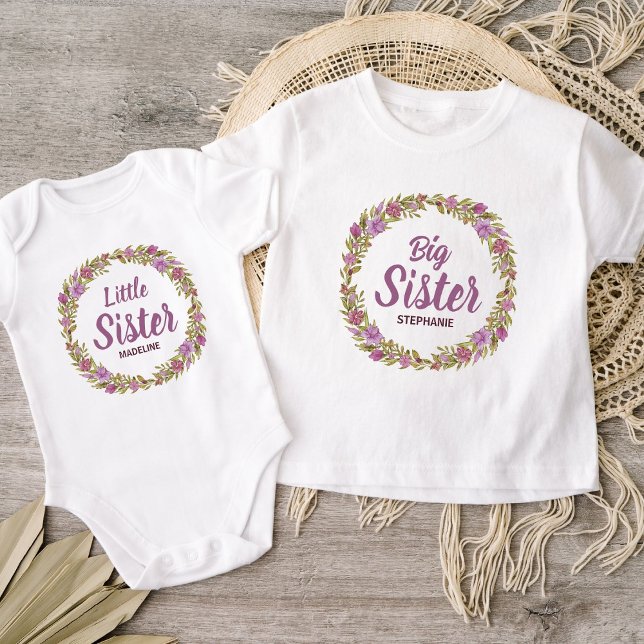 Purple Floral Wreath Big Sister Name Baby T-Shirt (Creator Uploaded)