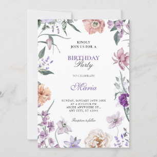 Purple floral wreath birthday invitation