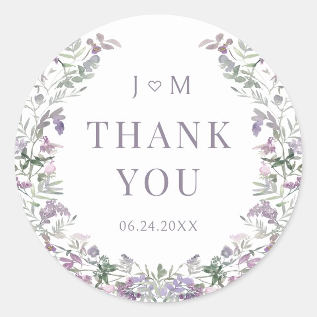 Purple floral wreath boho garden wedding thank you classic round sticker (Front)