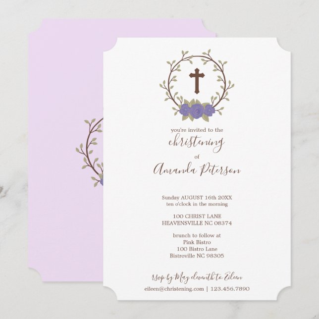 Purple Floral Wreath Cross Baptism Christening Invitation (Front/Back)