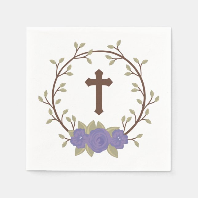 Purple Floral Wreath Cross Baptism Christening Napkin (Front)