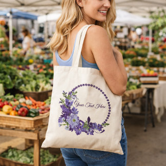 Purple Floral Wreath | Custom Text Spring Flower  Tote Bag
