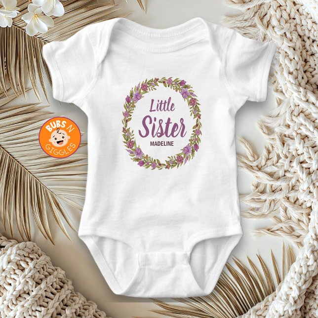 Purple Floral Wreath Little Sister Name Baby Bodysuit (Creator Uploaded)