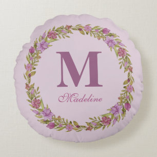 Purple Floral Wreath Monogram Girls Nursery Round Cushion