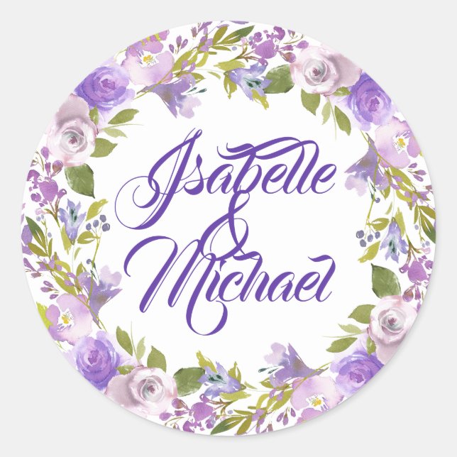 Purple Floral Wreath Personalised Wedding Classic Round Sticker (Front)