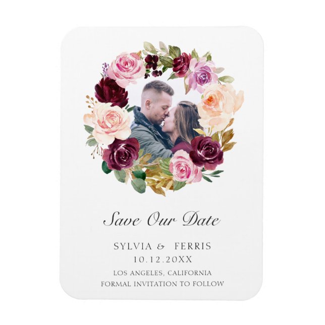 Purple Floral Wreath Photo Save the Date Magnet (Vertical)