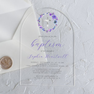 Purple Floral Wreath Silver Cross Baptism Acrylic Invitations