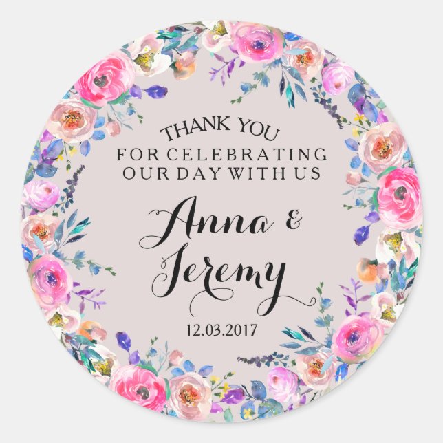 Purple Floral Wreath Wedding Sticker (Front)