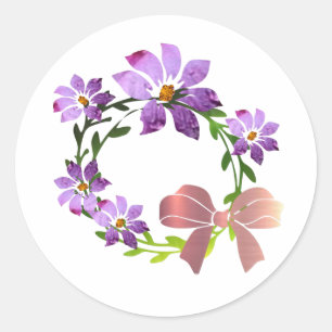 Purple Floral Wreath with bow Classic Round Sticker