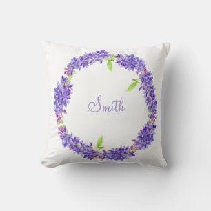 Purple Floral Wreath Your Last Name Cushion