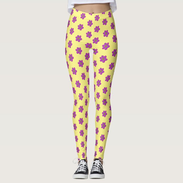 Purple Floral Yellow Pattern Leggings (Front)