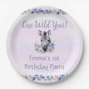 Purple Floral Zebra Birthday Paper Plate