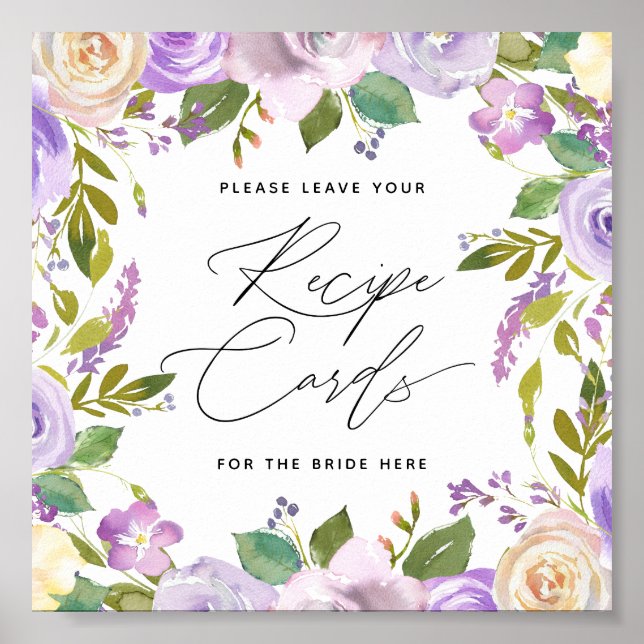 Purple Florals Calligraphy Script Recipe Card Sign (Front)