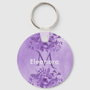 Purple florals monogram name vintage key ring