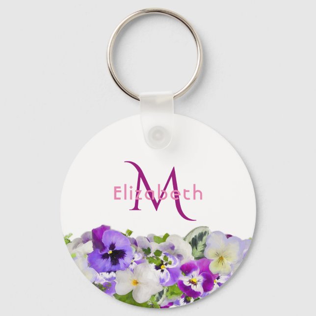 Purple florals white monogram elegant key ring (Front)