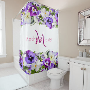 Purple florals white monogram name shower curtain