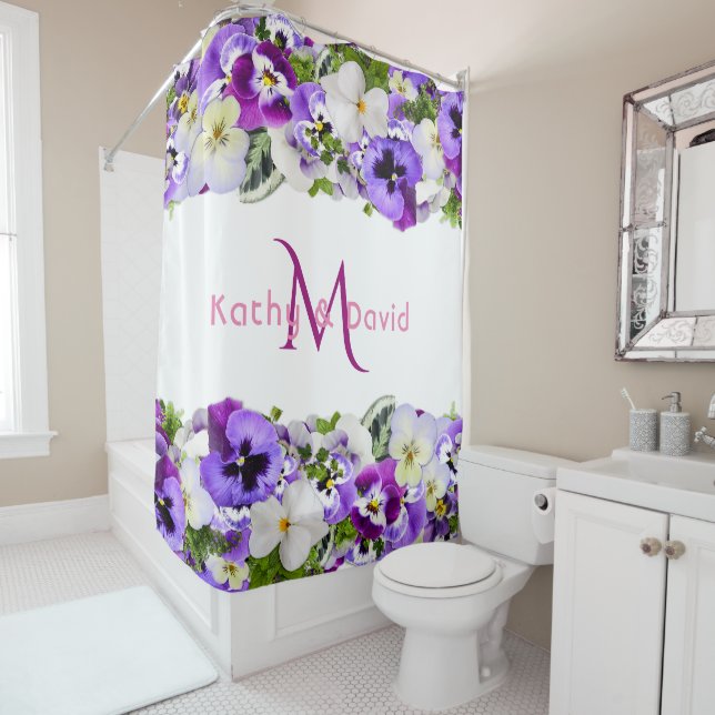 Purple florals white monogram name shower curtain (In Situ)