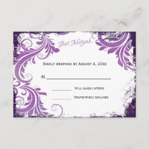 Purple Flourish Grunge Bat Mitzvah RSVP Card